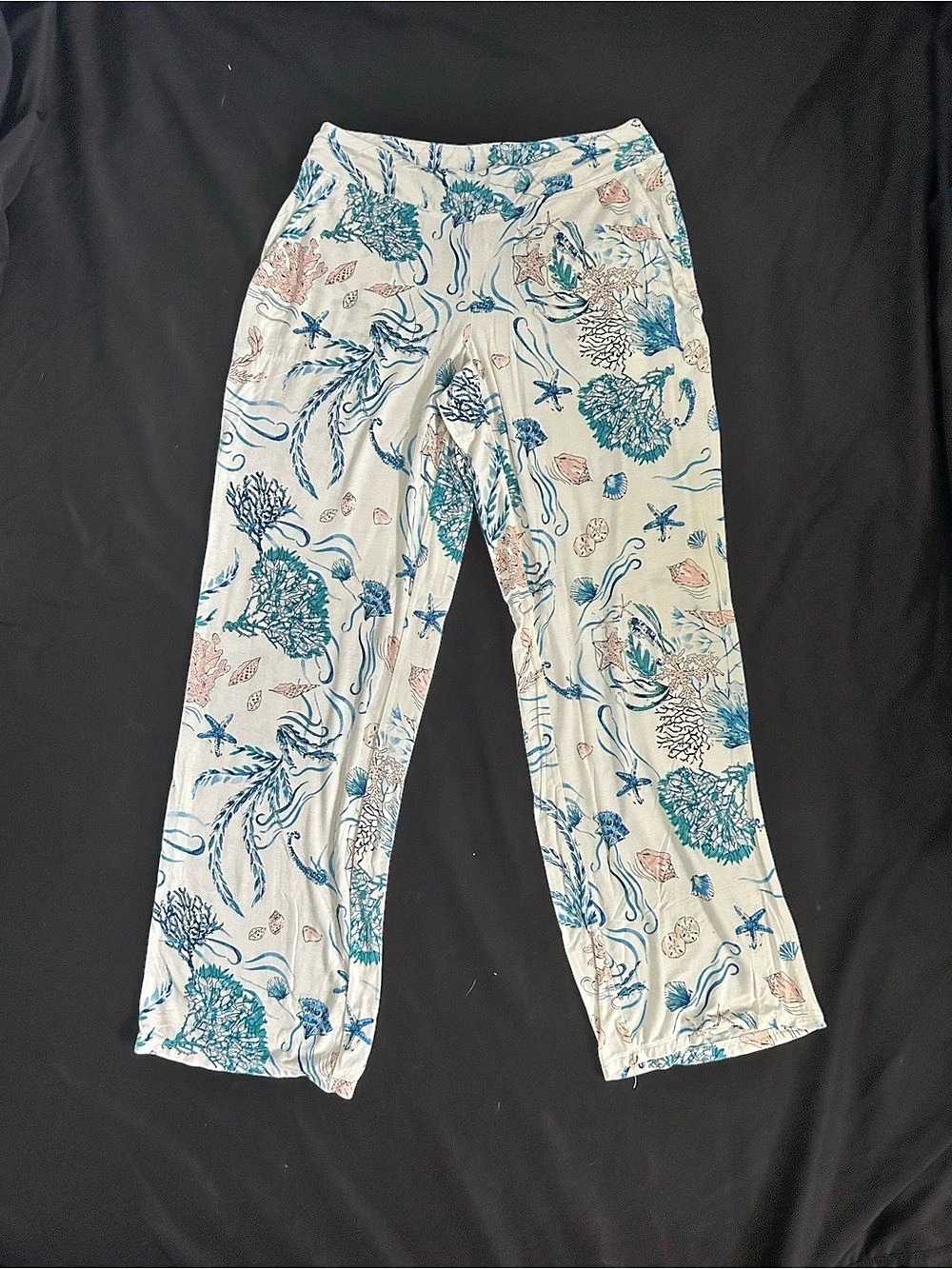 Soma Cool Nights Pajama Pants Floral Wide Leg Pants in Cream & Blue Size Small